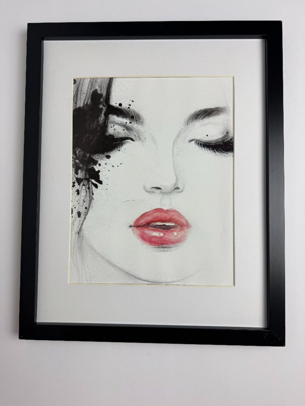 Framed Fashion Women Portrait Print Red Lips Black White 12" x 15"